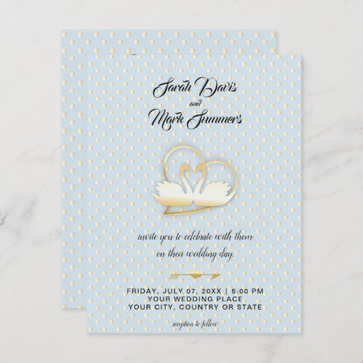 Gouden Hart Zwanen, Zachte Liefde Bruiloft Kaart (Voorkant / Achterkant)