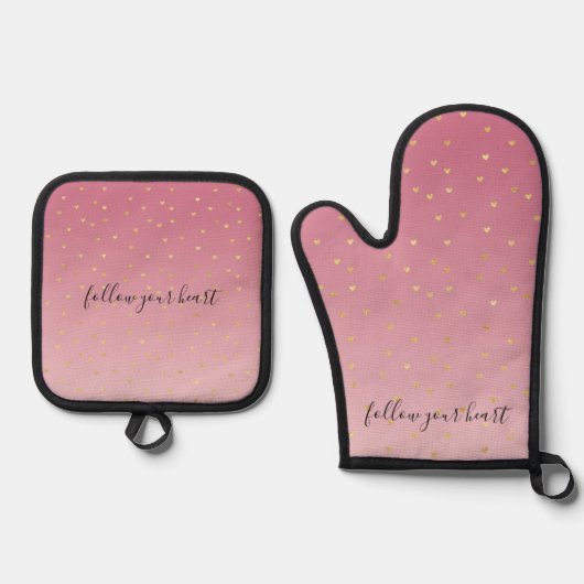 Gouden harten Blush Pink Ombre Ovenwant & Pannenlap Set (Voorkant)