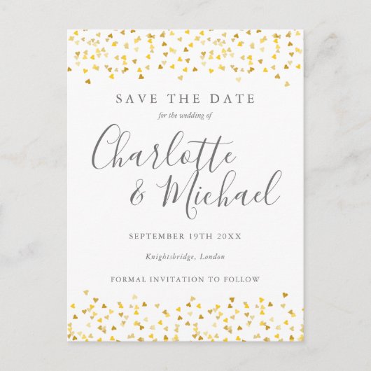 Gouden Hartjes Confetti Save the Date Aankondigingskaart (Voorkant)