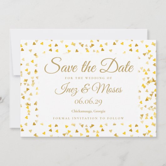 Gouden Hartjes Confetti Save the Date Kaart (Voorkant)