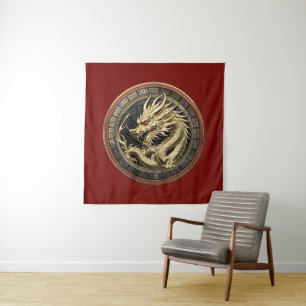 Gouden Heilige Oosterse Draak Medaillon Wandkleed