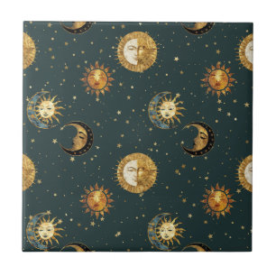 Gouden Hemelse Zon Maan Sterren Middenblauw Tegeltje