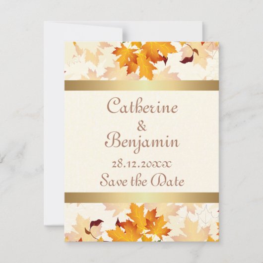 Gouden herfst bladeren bruiloft opslaan van de dat save the date (Voorkant)
