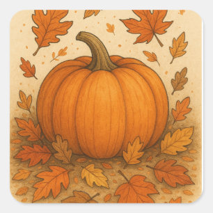 Gouden herfstpompoen en vallende bladeren vierkante sticker