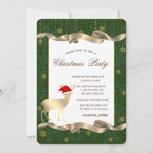 Gouden Hert Santa Hat, Branches Green Christmas Pa Kaart (Voorkant)