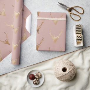 Gouden Herten Kop Blush Roze Vakantie Cadeaupapier