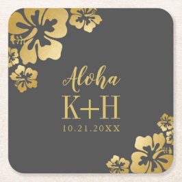 Gouden Hibiscus Aloha Monogram Bruiloft Vierkante Kartonnen Onderzetter