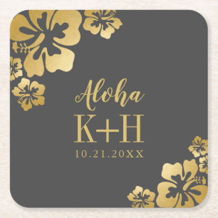 Gouden Hibiscus Aloha Monogram Bruiloft Vierkante Kartonnen Onderzetter