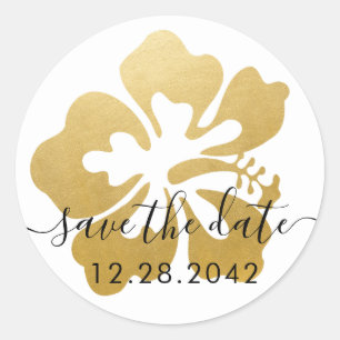 Gouden Hibiscus Tropische Bloem Save the Date Ronde Sticker