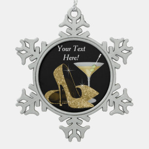 Gouden hoge hakken schoenen en Martini Tin Sneeuwvlok Ornament