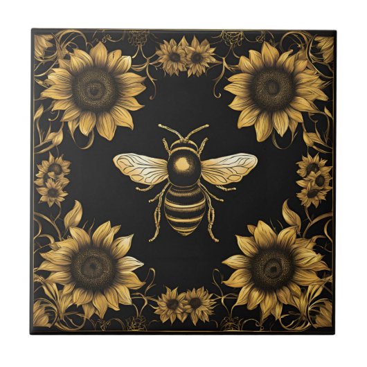 Gouden hommel en zonnebloemen tegeltje (Voorkant)