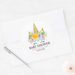Gouden hoorn eenhoorn baby shower ronde sticker