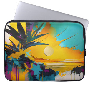 Gouden Horizon – Abstracte Tropische Zonsondergang Laptop Sleeve