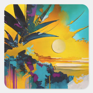 Gouden Horizon – Abstracte Tropische Zonsondergang Vierkante Sticker
