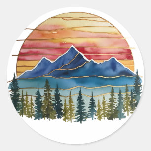 Gouden Horizon Aquarel Berg Zonsondergang Buiten Ronde Sticker
