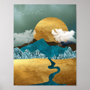 Gouden horizon met blauwe bergen poster