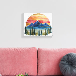 Gouden Horizon Waterverf Berg Zonsondergang Buiten Canvas Afdruk