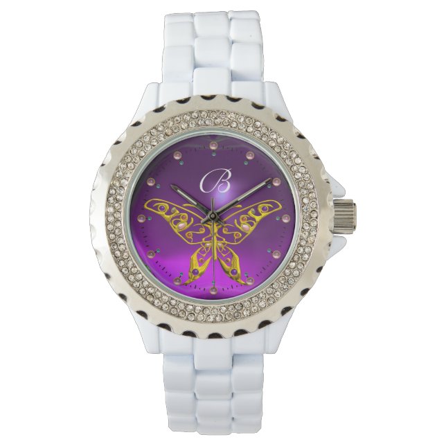 GOUDEN HYPER VLINDER Paarse Amethist Monogram Horloge (Voorkant)
