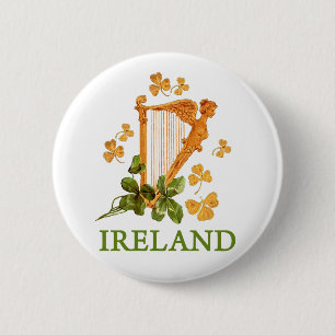 Gouden Ierse harp met gouden en groene Shamrocks Ronde Button 5,7 Cm