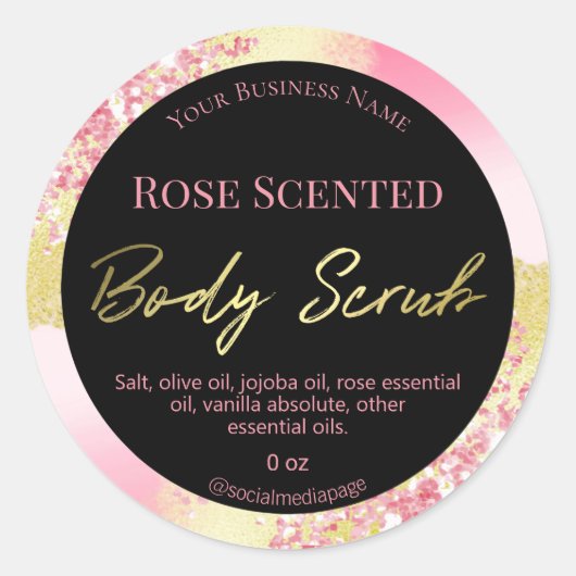 Gouden inkt met roze glitter body scrub labels (Voorkant)