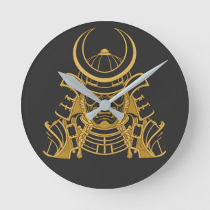 Gouden Japanse Samurai Kabuto Helm en Mempo Masker Ronde Klok