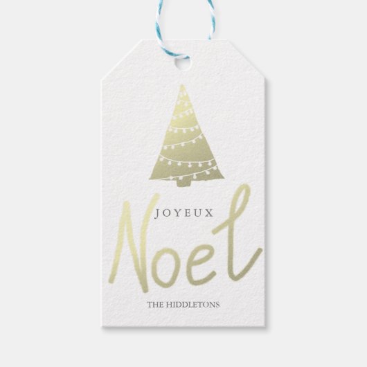 Gouden Joyeux Noel Modern Script Kerstboom Cadeaulabel (Voorkant)