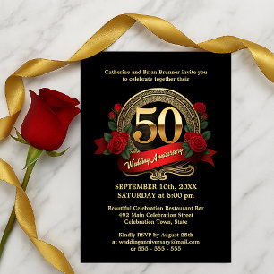 Gouden Jubileum Zwarte & Rode Rozen 50ste Verjaard Kaart