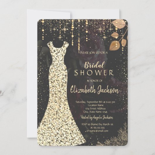 Gouden jurk, Confetti Dark Rozen Vrijgezellenfeest Kaart (Voorkant)