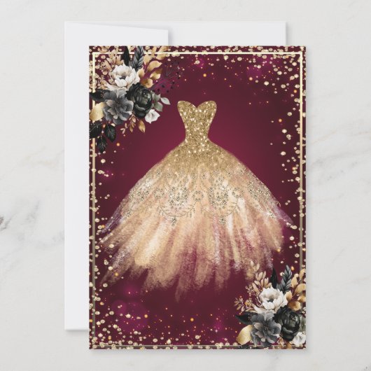 Gouden jurk, diamanten zwart Rozen quinceañera Kaart (Achterkant)