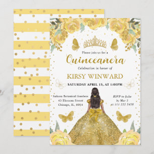 Gouden Jurk Donkere Huid Prinses Quinceanera Kaart