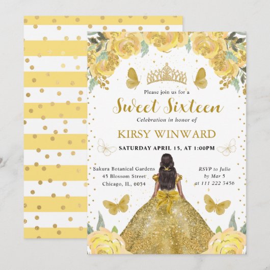 Gouden Jurk Donkere Huid Prinses Sweet 16 Kaart (Voorkant / Achterkant)