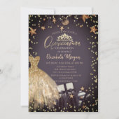 Gouden jurk,Takken,Diamanten sterren Quinceañera Kaart (Voorkant)