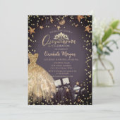 Gouden jurk,Takken,Diamanten sterren Quinceañera Kaart (Staand voorkant)
