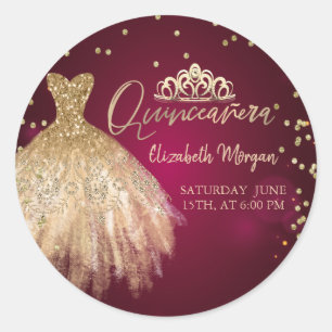 Gouden jurk tiara, diamanten burgundy Quinceañera Ronde Sticker