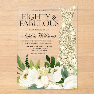 Gouden jurk Witte Bloemen 80ste verjaardag Acryl Uitnodigingen