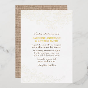 Gouden jute en kant rustieke glamour bruiloft folie uitnodiging