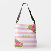 Gouden kalligrafie op roze & witte strepen crossbody tas (Achterkant)