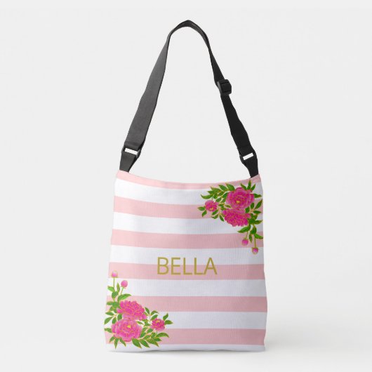 Gouden kalligrafie op roze & witte strepen crossbody tas (Voorkant)