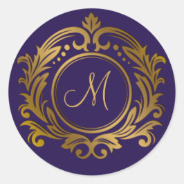 Gouden kam met monogram initiaal op paars ronde sticker