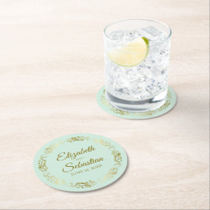 Gouden kant op Bord Mint Groen Elegante bruiloft Ronde Kartonnen Onderzetter