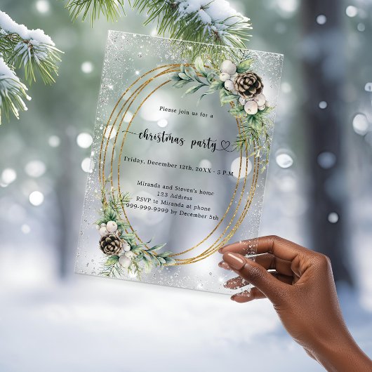 Gouden kegelgroen glitter frosted Christmas Party Acryl Uitnodigingen