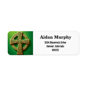 Gouden Keltische kruis op groen retouradres Etiket