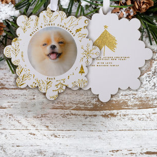 Gouden Kerst Florale Eerste Kerst Foto van Huisdie Ornament Kaart