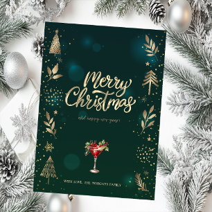 Gouden Kerst Pijnboom,Takken Cocktail Groen Feestdagen Kaart
