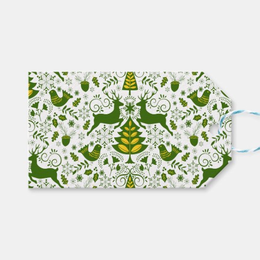 Gouden Kerst Woodland Herten Vogels in Bloei Cadeaulabel (Voorkant (Horizontaal))