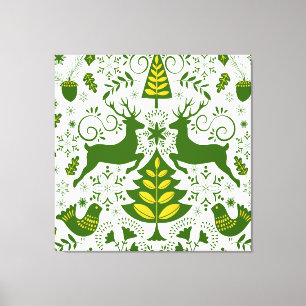 Gouden Kerst Woodland Herten Vogels in Bloei Canvas Afdruk