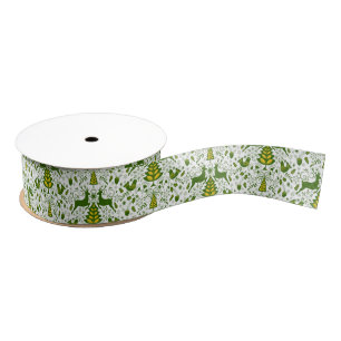Gouden Kerst Woodland Herten Vogels in Bloei Grosgrain Lint