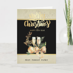Gouden Kerstbal, Wijn Glas, Rendier, Strik Feestdagen Kaart