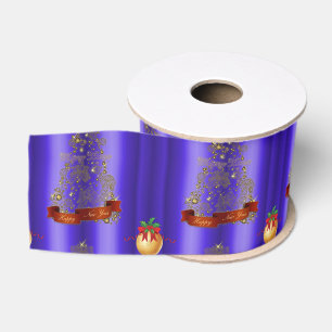 Gouden kerstbomen op blauw grosgrain lint