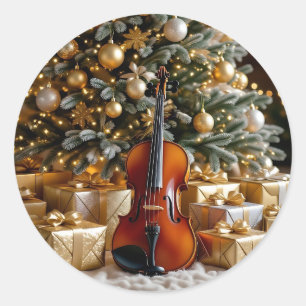 Gouden kerstboom, cadeaus en viool ronde sticker